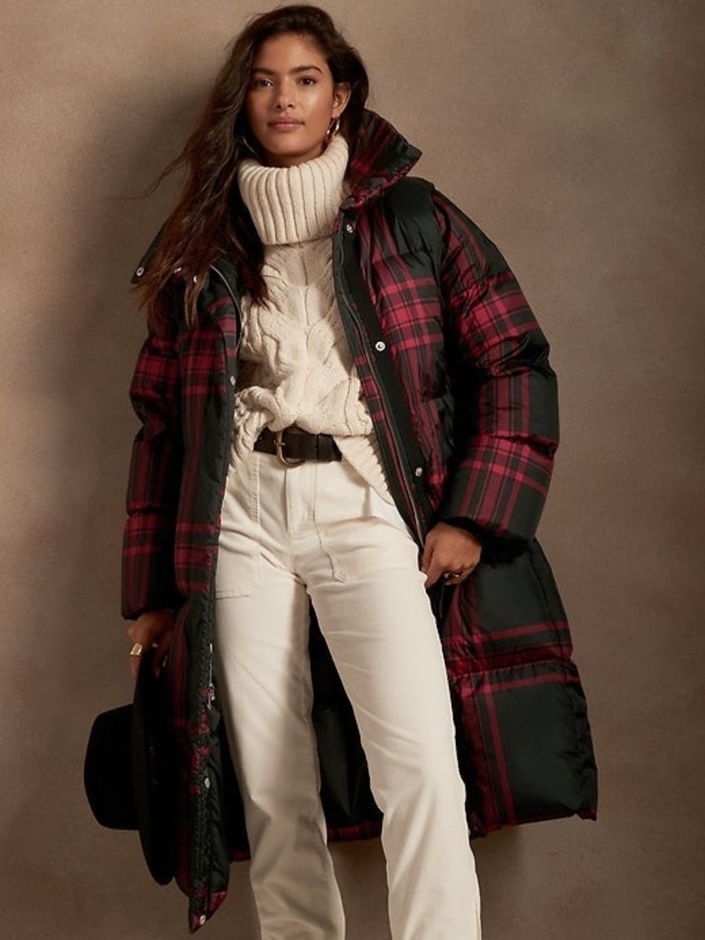 Banana Republic Plaid Buffalo Down Water-Repellent Long Puffer Coat Size XS Fall